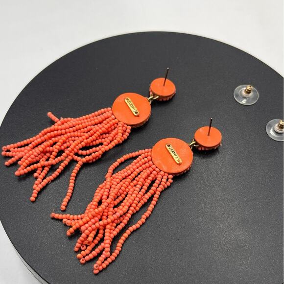 J. Crew Beaded Light Coral Orange Tassel Fringe Long Summer Spring Earrings - Picture 5 of 8